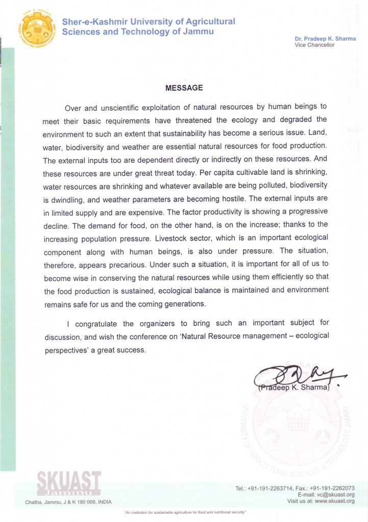 Vice Chancellor SKUAST Jammu Message